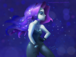 Size: 995x746 | Tagged: safe, artist:raikoh, rarity, better together, equestria girls, the other side, bare shoulders, clothes, female, gloves, music video, pose, profile, scene interpretation, solo, unitard