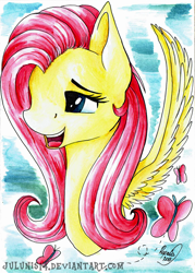 Size: 1280x1789 | Tagged: safe, artist:julunis14, fluttershy, butterfly, pegasus, pony, bust, cute, female, mare, open mouth, portrait, smiling, solo, spread wings, traditional art, wings