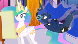 Size: 1280x720 | Tagged: safe, artist:forgalorga, princess celestia, princess luna, alicorn, pony, female, headphones, luna is not amused, magic, mare, royal sisters, sisters, telekinesis, unamused