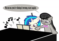 Size: 1552x1080 | Tagged: safe, artist:sausesource, dj pon-3, octavia melody, vinyl scratch, earth pony, pony, unicorn, bowtie, dialogue, duo, female, looking down, mare, music, music notes, onomatopoeia, piano, plink, plonk, sheet music, simple background, speech bubble, teaching, white background