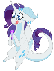 Size: 1600x2100 | Tagged: safe, artist:1joshlerr, rarity, dragon, cutie mark, cutie mark on dragon, dragonified, eyes on the prize, female, gem, holding, horn, raridragon, simple background, slit eyes, smiling, solo, species swap, tongue out, transparent background, vector