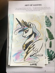 Size: 721x960 | Tagged: safe, artist:colorfulcolor233, princess celestia, alicorn, pony, colored pencil drawing, cutie mark background, female, jewelry, mare, marker drawing, photo, profile, regalia, solo, traditional art