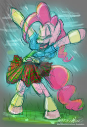 Size: 1024x1489 | Tagged: safe, artist:mad--munchkin, pinkie pie, pony, bipedal, eyes closed, happy, kilt, rain, sketch, solo