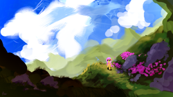 Size: 4800x2700 | Tagged: safe, artist:thefloatingtree, fluttershy, pegasus, pony, absurd resolution, cloud, female, looking away, looking up, mare, scenery, sky, smiling, solo, walking