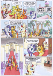 Size: 3485x4935 | Tagged: safe, artist:xeviousgreenii, apple bloom, applejack, rarity, scootaloo, sweetie belle, oc, oc:zircon glaze, cow, earth pony, pony, unicorn, comic:the temple of bloom, comic, cutie mark crusaders, desk, traditional art, train