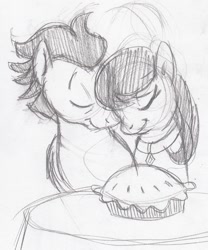 Size: 1216x1464 | Tagged: safe, artist:enigmaticfrustration, octavia melody, soarin', earth pony, pony, crack shipping, female, male, monochrome, pie, shipping, soartavia, straight, traditional art