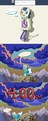 Size: 1280x3212 | Tagged: safe, artist:docwario, bon bon, lyra heartstrings, sweetie drops, pony, adventure time, askblankbon, clock, colored pupils, cosplay, crossover, female, lyra is not amused, scene parody, speech bubble, tumblr, wat