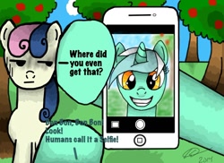 Size: 1280x931 | Tagged: safe, artist:raindashdragon, bon bon, lyra heartstrings, sweetie drops, bon bon is not amused, cute, dialogue, hoof hold, lyrabetes, phone, pov, selfie, smiling