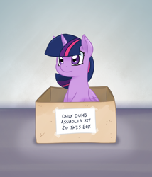 Size: 850x992 | Tagged: safe, artist:adequality, artist:trickydick, derpibooru import, twilight sparkle, twilight sparkle (alicorn), alicorn, pony, behaving like a cat, box, cute, female, mare, parody, ponified animal photo, pony in a box, sitting, smiling, solo, vulgar