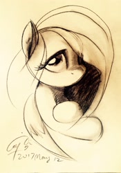 Size: 2017x2889 | Tagged: safe, artist:louislithium, fluttershy, pegasus, pony, bust, charcoal drawing, female, hair over one eye, looking at you, looking sideways, looking up, mare, monochrome, portrait, sketch, solo, traditional art