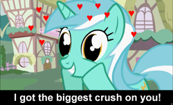 Size: 1600x973 | Tagged: safe, lyra heartstrings, pony, unicorn, awesome face, bronybait, caption, cs captions, female, heart, love, mare, ponyville, solo