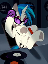 Size: 1200x1600 | Tagged: safe, artist:sion, dj pon-3, vinyl scratch, pony, unicorn, cute, drink, headphones, hooves, hooves on the table, looking at you, sitting, solo, underhoof, vinylbetes