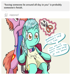 Size: 519x543 | Tagged: safe, artist:docwario, bon bon, lyra heartstrings, sweetie drops, pony, apron, askblankbon, clothes, haircut, scissors, tumblr, wat