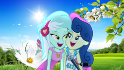 Size: 1280x720 | Tagged: safe, edit, edited screencap, screencap, bon bon, lyra heartstrings, sweetie drops, equestria girls, female, flower, lesbian, lyrabon, shipping