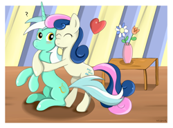 Size: 1500x1115 | Tagged: safe, artist:milanoss, bon bon, lyra heartstrings, sweetie drops, pony, bipedal, heart, hug, question mark