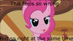 Size: 1066x598 | Tagged: safe, edit, edited screencap, screencap, pinkie pie, earth pony, pony, image macro, meme, reaction image, tongue out