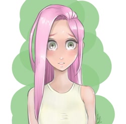 Size: 960x943 | Tagged: safe, artist:edgymushroom, fluttershy, human, blushing, clothes, humanized, looking at you, solo, tanktop