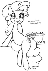 Size: 606x900 | Tagged: safe, artist:moronsonofboron, pinkie pie, pony, cake, food, looking at you, monochrome, sketch, solo, tongue out