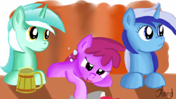 Size: 1280x720 | Tagged: safe, artist:jbond, berry punch, berryshine, lyra heartstrings, minuette, drunk