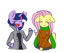 Size: 988x824 | Tagged: safe, artist:ridgessky, derpibooru import, fluttershy, twilight sparkle, anthro, ambiguous facial structure, clothes, scarf