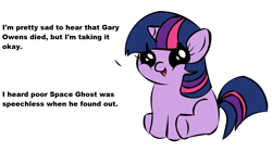 Size: 1194x668 | Tagged: safe, derpibooru import, twilight sparkle, pony, unicorn, dialogue, exploitable meme, female, filly, filly twilight sparkle, filly twilight telling an offensive joke, horn, looking at you, meme, memorial, multicolored mane, multicolored tail, obligatory pony, purple coat, sad, simple background, sitting, smiling, solo, talking to viewer, underhoof, voice actor joke, vulgar, white background