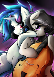 Size: 620x876 | Tagged: safe, artist:secret-pony, dj pon-3, octavia melody, vinyl scratch, earth pony, pony, unicorn, black mane, female, gray coat, horn, mare, two toned mane, white coat