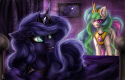 Size: 1006x644 | Tagged: safe, artist:raychelrage, princess celestia, princess luna, alicorn, pony, female, looking at each other, looking back, mare