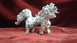 Size: 480x270 | Tagged: safe, artist:thefoilguy, pinkie pie, earth pony, pony, aluminum, irl, laughing, photo, sculpture, solo, tinfoil, traditional art