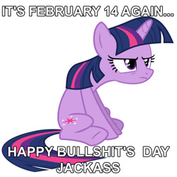 Size: 894x894 | Tagged: safe, derpibooru import, twilight sparkle, bullshit, grumpy twilight, hearts and hooves day, image macro, meme, obligatory pony, unamused, valentine's day, vulgar