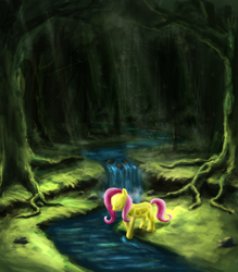 Size: 3500x4000 | Tagged: safe, artist:ifoldbooks, fluttershy, pegasus, pony, crepuscular rays, everfree forest, eyes closed, female, folded wings, forest, mare, river, scenery, solo, stream