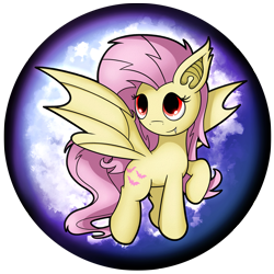 Size: 2539x2539 | Tagged: safe, artist:flamevulture17, fluttershy, bat pony, pony, commission, fangs, female, flutterbat, mare, orb, race swap, raised hoof, smiling, solo