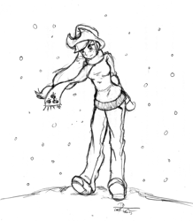 Size: 2160x2480 | Tagged: safe, artist:leadhooves, applejack, human, humanized, monochrome, snow, snowfall, solo