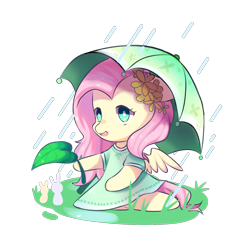 Size: 1515x1515 | Tagged: safe, artist:nitrogenowo, fluttershy, pegasus, pony, chibi, clothes, cute, dress, flower, flower in hair, leaf, rain, shyabetes, simple background, solo, transparent background, umbrella