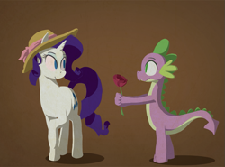 Size: 875x647 | Tagged: safe, artist:paper-pony, rarity, spike, dragon, pony, unicorn, female, flower, hat, looking at each other, male, mare, no pupils, one leg raised, rose, shipping, simple background, sparity, straight