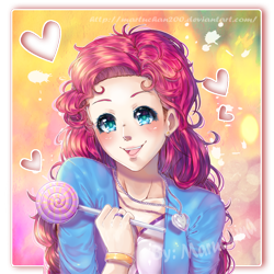 Size: 1000x1000 | Tagged: safe, artist:martuchan200, pinkie pie, human, candy, ear piercing, earring, female, food, heart, humanized, lollipop, necklace, open mouth, piercing, ring, smiling, solo