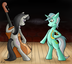 Size: 2797x2480 | Tagged: safe, artist:bingodingo, lyra heartstrings, octavia melody, earth pony, pony, double bass, looking at each other, lyre, musical instrument, stage