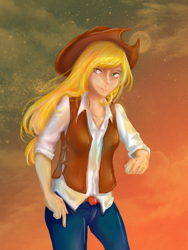 Size: 768x1024 | Tagged: safe, artist:fluffyneco, applejack, human, humanized, moon, solo, twilight (astronomy)