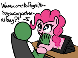 Size: 949x705 | Tagged: safe, artist:neuro, pinkie pie, oc, oc:anon, earth pony, human, pony, computer, dialogue, female, fourth wall, imminent petting, male, mare, portal to equestria, simple background, transparent background