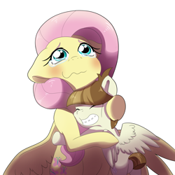 Size: 4000x4000 | Tagged: safe, artist:marukouhai, featherweight, fluttershy, pegasus, pony, absurd resolution, blushing, crying, floppy ears, hug, looking up, simple background, tears of joy, teary eyes, wavy mouth, white background