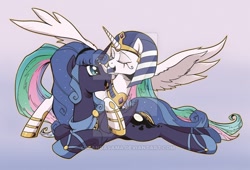 Size: 600x408 | Tagged: safe, artist:yukandasama, idw, princess celestia, princess luna, alicorn, pony, reflections, spoiler:comic, alternate hairstyle, alternate universe, artemis luna, deviantart watermark, egyptian, eyes closed, female, mare, obtrusive watermark, ra celestia, watermark