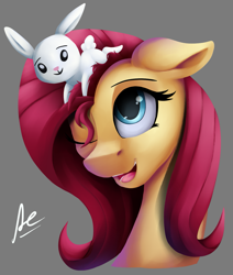 Size: 1171x1378 | Tagged: safe, artist:ac-whiteraven, angel bunny, fluttershy, pegasus, pony, bust, cute, duo, female, floppy ears, looking at something, looking up, mare, one eye closed, open mouth, portrait, shyabetes, simple background, smiling