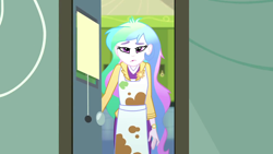 Size: 1280x720 | Tagged: safe, edit, edited screencap, editor:slayerbvc, screencap, princess celestia, principal celestia, eqg summertime shorts, equestria girls, subs rock, apron, clothes, female, messy, no makeup edit, solo