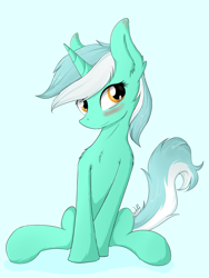 Size: 1249x1660 | Tagged: safe, artist:wolfypon, lyra heartstrings, pony, unicorn, blue background, blushing, chest fluff, cute, ear fluff, fluffy, looking at you, simple background, sitting, smiling, solo