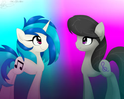 Size: 2000x1600 | Tagged: safe, artist:derpfacederpy, dj pon-3, octavia melody, vinyl scratch, earth pony, pony, unicorn, black mane, female, gray coat, horn, mare, two toned mane, white coat