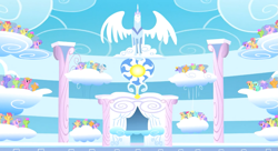 Size: 1099x597 | Tagged: safe, screencap, cloud kicker, dizzy twister, lightning bolt, lyra heartstrings, merry may, orange swirl, parasol, rainbowshine, sassaflash, white lightning, pegasus, pony, sonic rainboom (episode), audience, background pony, background pony audience, cloudiseum, cloudsdale, female, mare, statue