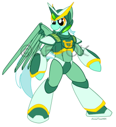 Size: 550x600 | Tagged: safe, artist:animefreak40k, lyra heartstrings, pony, robot, unicorn, armor, bipedal, megaman, megamare x, solo, watermark, wings