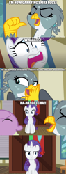 Size: 856x2256 | Tagged: safe, edit, edited screencap, screencap, gabby, rarity, spike, dragon, griffon, pony, unicorn, dragon dropped, comic, gotcha, joke, rarity is not amused, scene interpretation, screencap comic, smug, unamused