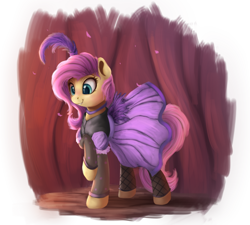 Size: 1000x900 | Tagged: safe, artist:vanillaghosties, fluttershy, pegasus, pony, burlesque, clothes, cute, dress, female, mare, raised hoof, saloon dress, shyabetes, smiling, solo