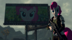 Size: 1360x768 | Tagged: safe, artist:facelesssoles, pinkie pie, anthro, earth pony, pony, fallout equestria, 3d, anthro with ponies, big brother, billboard, clothes, fallout, fallout: new vegas, fanfic, fanfic art, female, forever, game mod, gun, hooves, looking at you, mare, ministry mares, ministry of morale, outdoors, pinkie pie is watching you, propaganda, rifle, smiling, solo, text, weapon