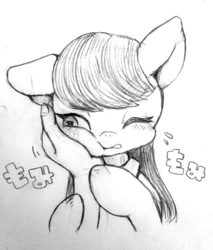 Size: 806x945 | Tagged: safe, artist:ayahana, octavia melody, earth pony, pony, disembodied hand, grayscale, monochrome, squishy cheeks, traditional art